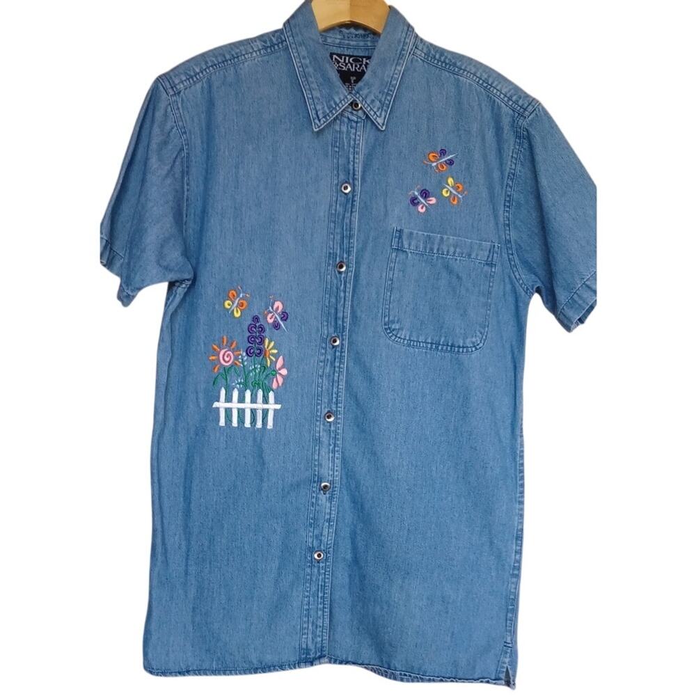 Vintage Jean Button Up Top Embroidered Garden and Butterflies Women's Small